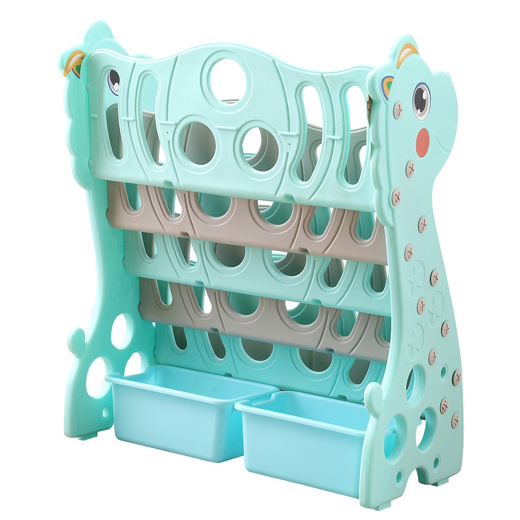 BoPeep Kids Bookshelf featuring a vibrant giraffe design with four deep shelves for children's books, made from safe polyethylene material.